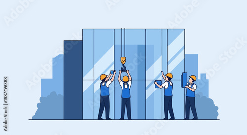 Construction Workers Installing Glass Panels On Modern Building Structure in Minimalist Design