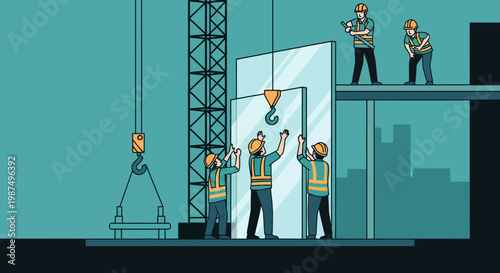 Construction Workers Installing Glass Panels On Modern High-Rise Building With Crane