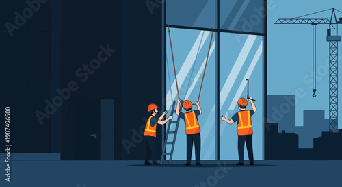 Construction Workers Installing Windows on Modern Building Facade at Dusk or Early Morning Scene