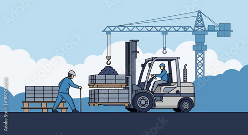 Construction Workers Loading Raw Materials Using Forklift and Crane at Building Site