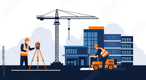 Construction Workers Measuring Coordinates and Supervising a New Building Project