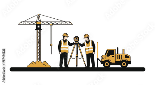 Construction Workers Measuring With a Theodolite Alongside Crane and Heavy Equipment