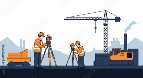 Construction Workers Measuring With Instruments And Construction Equipment On Site Activity