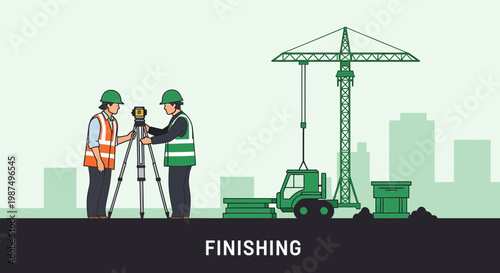Construction Workers Measuring With Instruments Beside Building Crane and Machinery