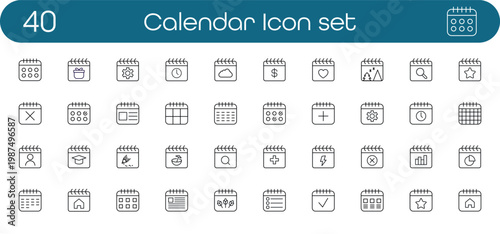 Wide collection of linear calendar icons for schedule, planning and events. Minimalist thin line symbols for business agenda, dates, and time management. Clean vector elements for web and apps.