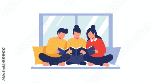 Young Friends Sitting Indoors Reading Books Together