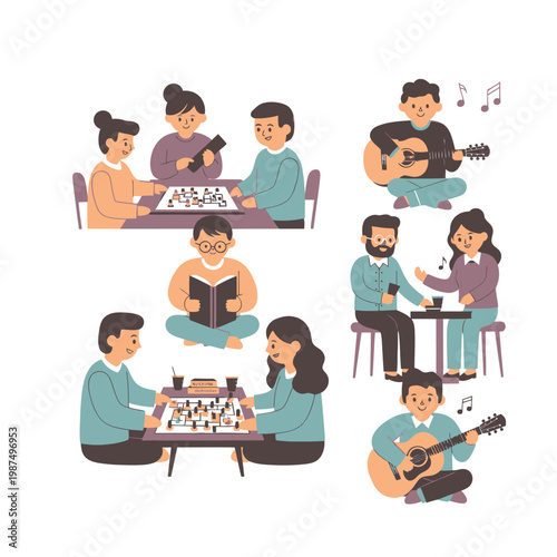 People enjoying leisure activities: board games, reading, and playing guitar