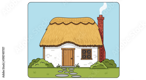 Cartoon cottage with thatched roof and chimney against a blue sky background