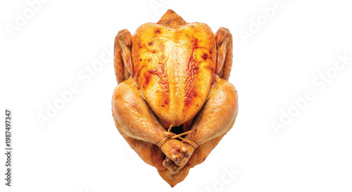 Roasted turkey with golden-brown skin and crispy edges on a plain background.