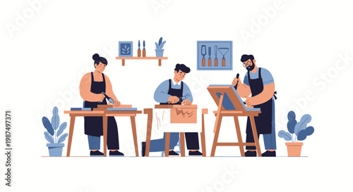 Creative workshop with artisans designing and crafting in a modern studio