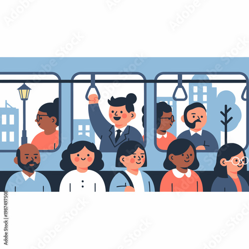 Diverse people commuting on a modern train, city skyline in background