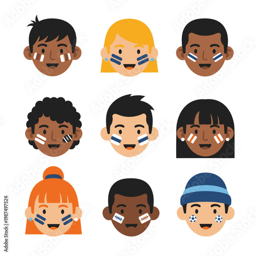 Diverse Group of Cheerful Soccer Fans with Face Paint, Vector Icons