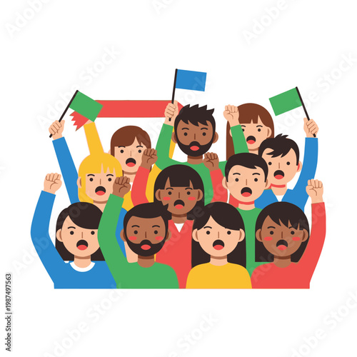 Diverse crowd protesting with flags and raised fists, vector illustration