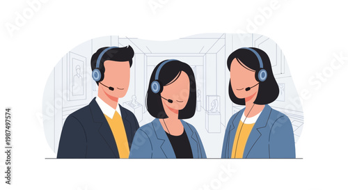 Customer Service Representatives with Headsets Providing Support