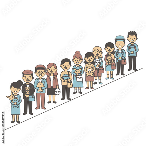 Diverse people queuing with pets, illustration, white background