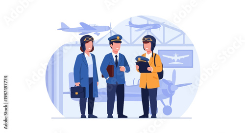 Business professionals discussing aviation operations in an airport