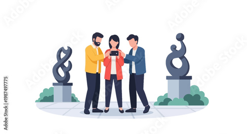 Group of Young People Using Smartphone in Outdoor Park Scene