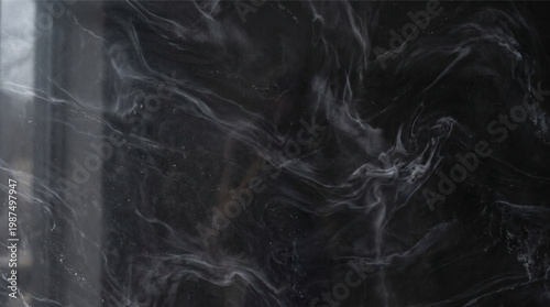Dark black marble texture with white smoke swirls background wall