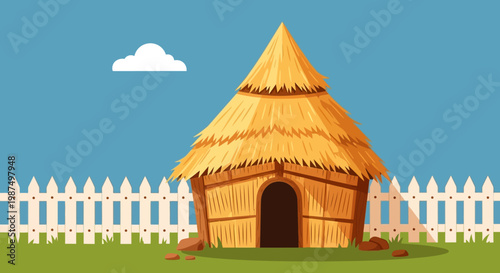 Cartoon straw hut illustration with fence and green grass against a blue sky