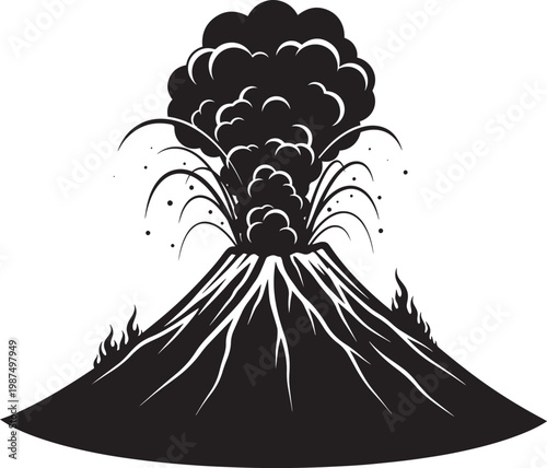 Volcano eruption, black silhouette icon, volcanic explosion, geological disaster symbol