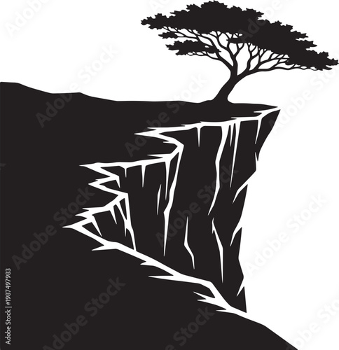Black silhouette tree on cliff edge, landscape vector icon, dramatic scenery, nature symbol