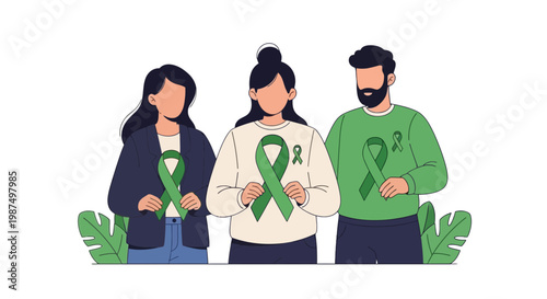 Group of People Supporting Cancer Awareness with Green Ribbons