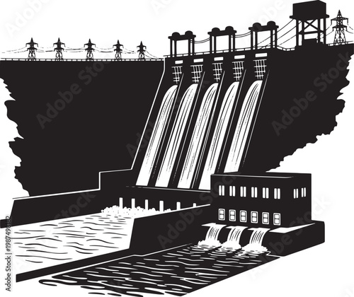 Hydroelectric dam, power plant, water turbine, renewable energy, black and white vector