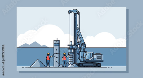 Construction Workers Operate Drilling Machine Building A Concrete Support Structure