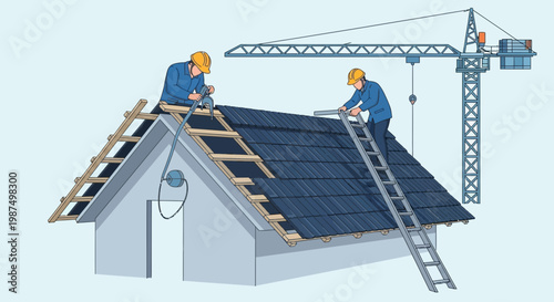 Construction Workers Repairing a Roof with Crane and Ladder on a Building Illustration
