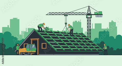 Construction Workers Repairing Roof with Crane and Machinery in Industrial Landscape