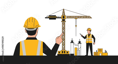 Construction Workers Supervising Construction Site With Crane and Industrial Buildings