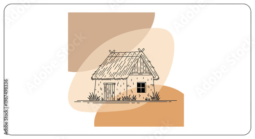 Cartoon wooden house with palm trees vector illustration on blue background