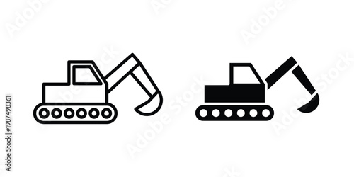 Excavator icon vector graphic clipart and line art style set
