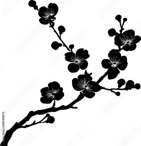 Ink Blossom Elegance: A delicate, ink-rendered depiction of blossoming plum tree branches, showcasing graceful curves and intricate floral details.