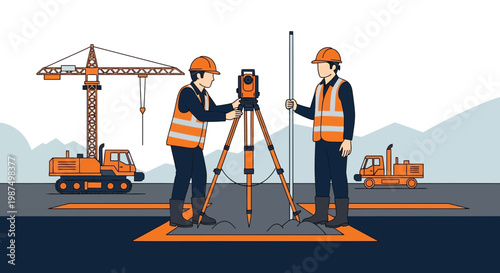 Construction Workers Using Surveying Equipment for Site Development Planning Illustration