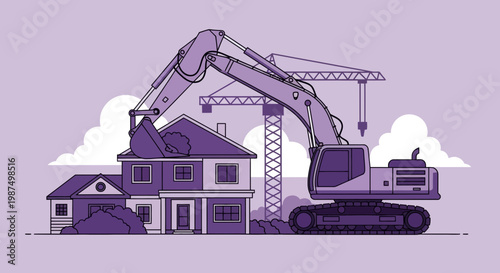 Demolition and Construction: Machine Breaks Down House, Crane on Backdrop, Flat Vector Illustration