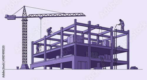Construction Workers Welding Steel Beams On A Building Framework Under a Crane