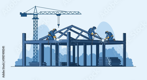 Construction Workers Welding Steel Beams On A Building Structure In Progress