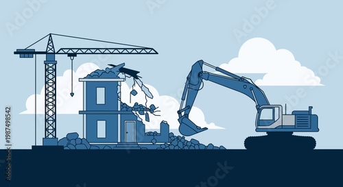 Demolition and Construction Site Depicting Building Destruction with Heavy Equipment
