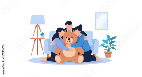 Happy Family Hugging with Teddy Bear at Home