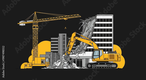 Demolition and Reconstruction, Urban Development, Cityscape and Construction Machinery Illustration