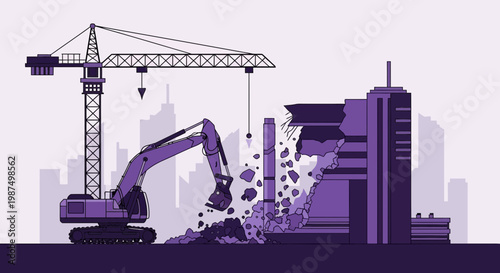 Demolition in Progress: Crane and Excavator Destroying a Building in a City