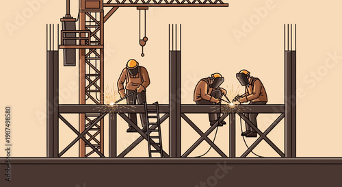Construction Workers Welding Steel Beams On Building Site With Crane in Warm Tone