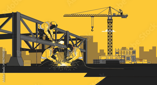 Construction Workers Welding Steel Structure and Crane, Urban Development, And Vector Illustration