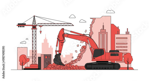 Demolition Scene Illustrating Industrial Site Construction with Red Excavator and Crane