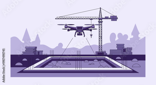 Drone Overseeing Construction Site with Tower Crane and Building Foundation Design