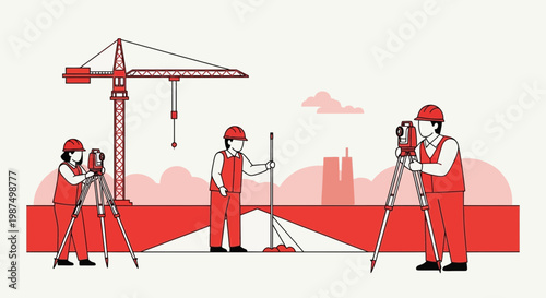Construction Workers With Surveying Equipment Measuring And Planning Building Site Project