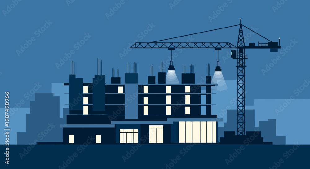 Fototapeta premium Evening Construction Site: A Modern Building Rises Under The Midnight Blue Sky