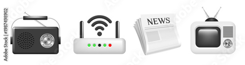 Media. Television, radio, internet, and press. Vector 3D icons isolated on white background.