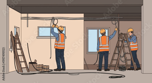 Electricians Wiring Electrical Cables within New Residential and Commercial Structures